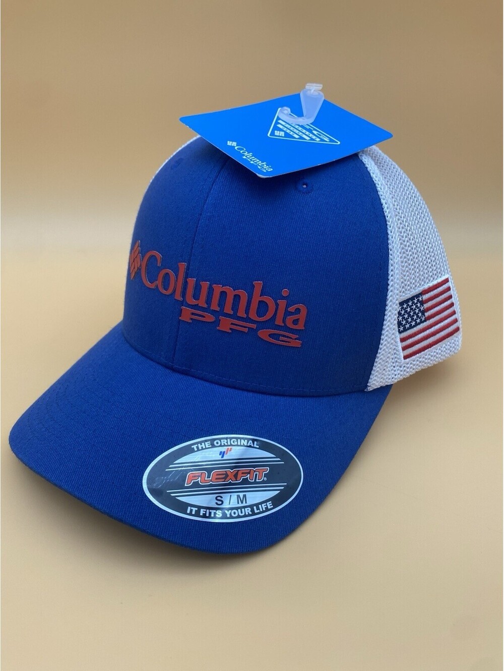 Columbia PFG Adult Size S/M FlexFit Blue & White MeshBack Hat - New w Tags